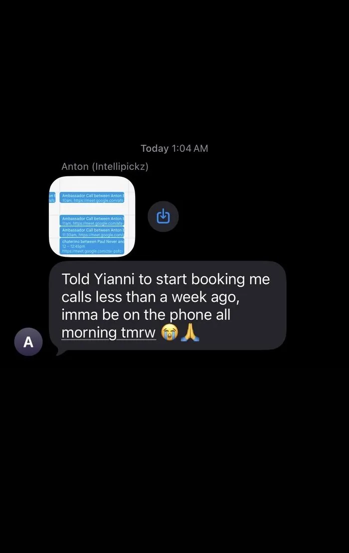 Client text conversation with Anton