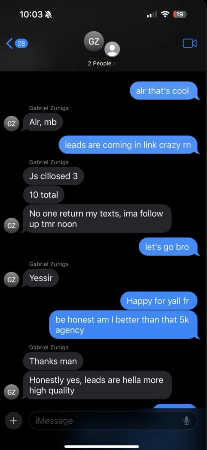 Client text conversation with Gabriel Zuniga