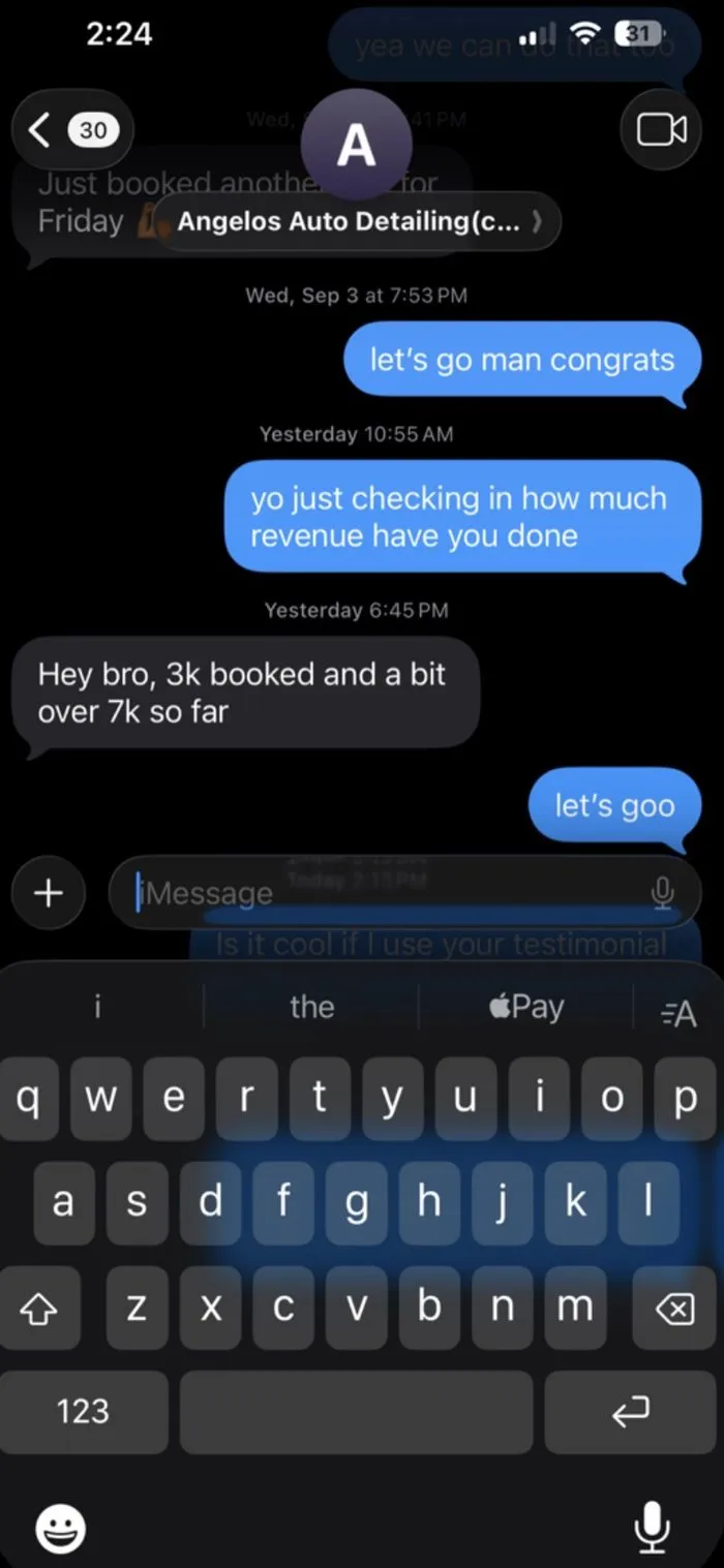 Client text conversation with Angelo's Auto Detailing