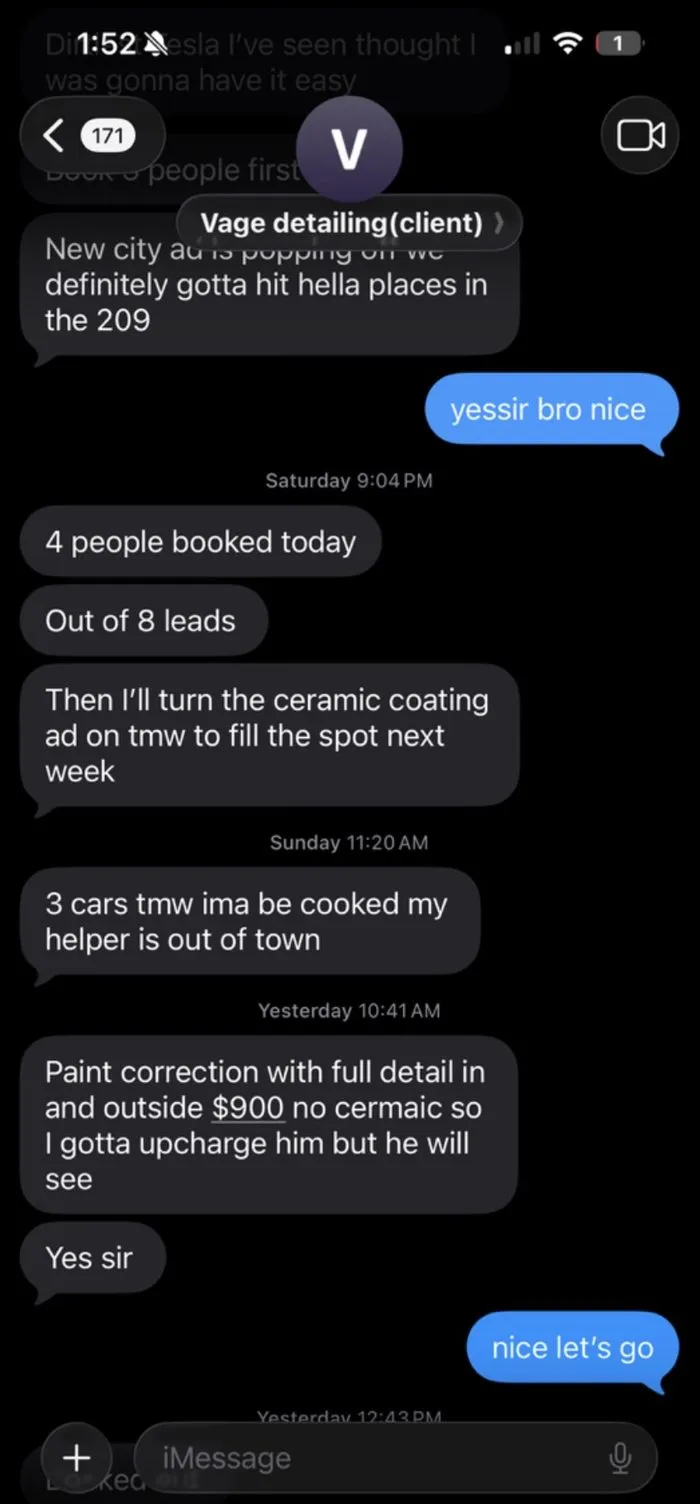Client text conversation with Vage Detailing