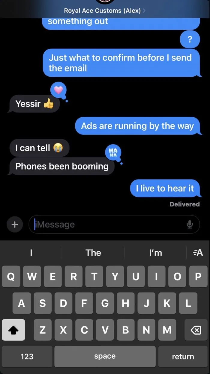 Client text conversation with Royal Ace Customs