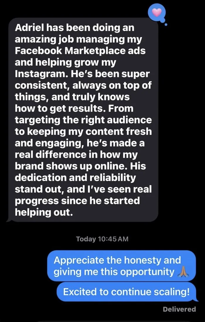 Written client testimonial from Adriel